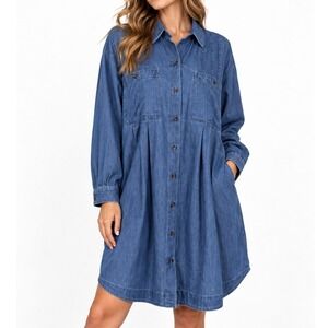 Women's Shirt Dress Blue Denim Size M Button Front Long Sleeve Relaxed Fit